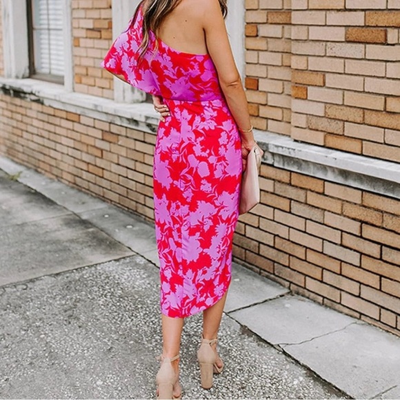 NWT Do+Be hot pink floral one shoulder midi dress - Picture 3 of 11